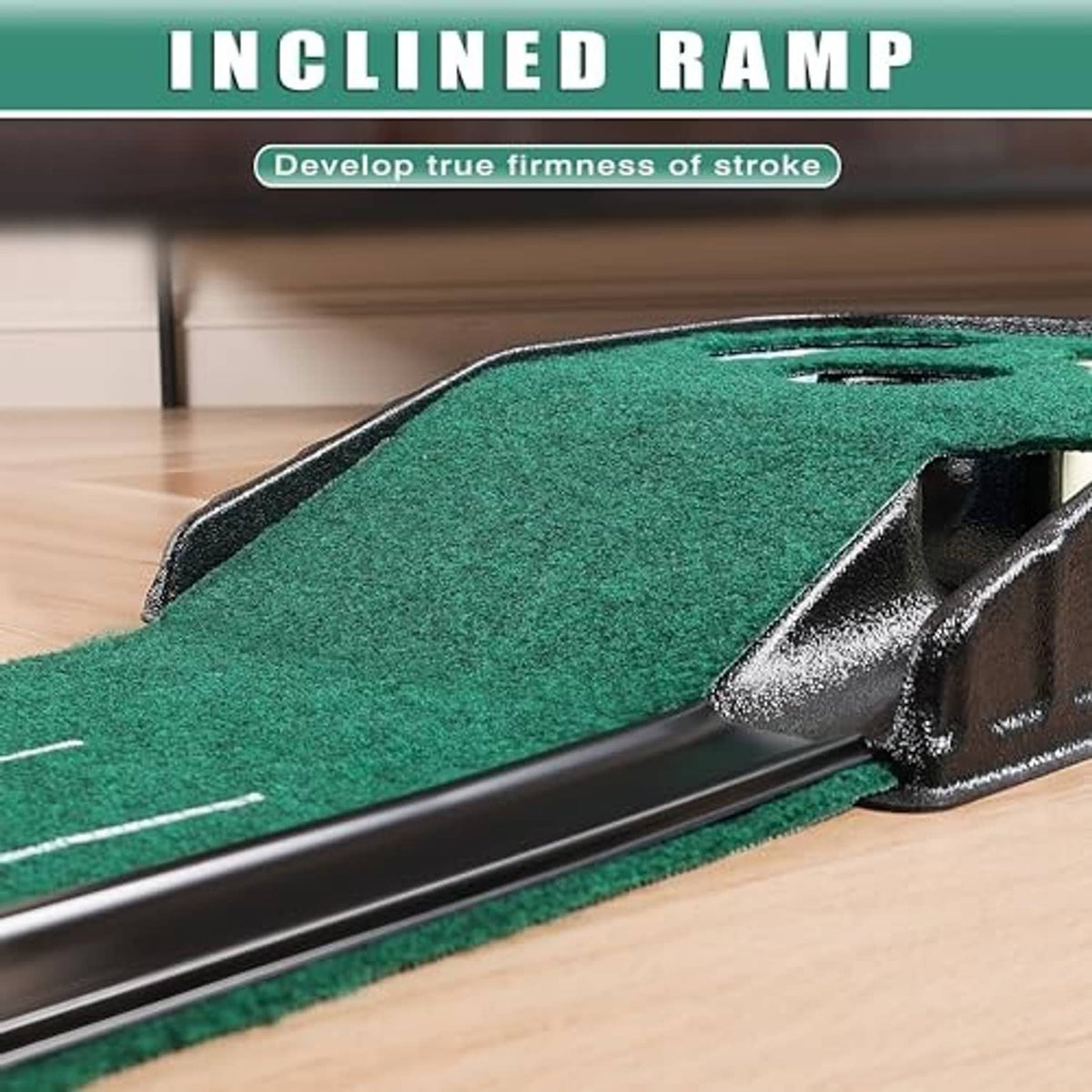 Green putting mat close-up of raised in-line ramp edge with guide lines