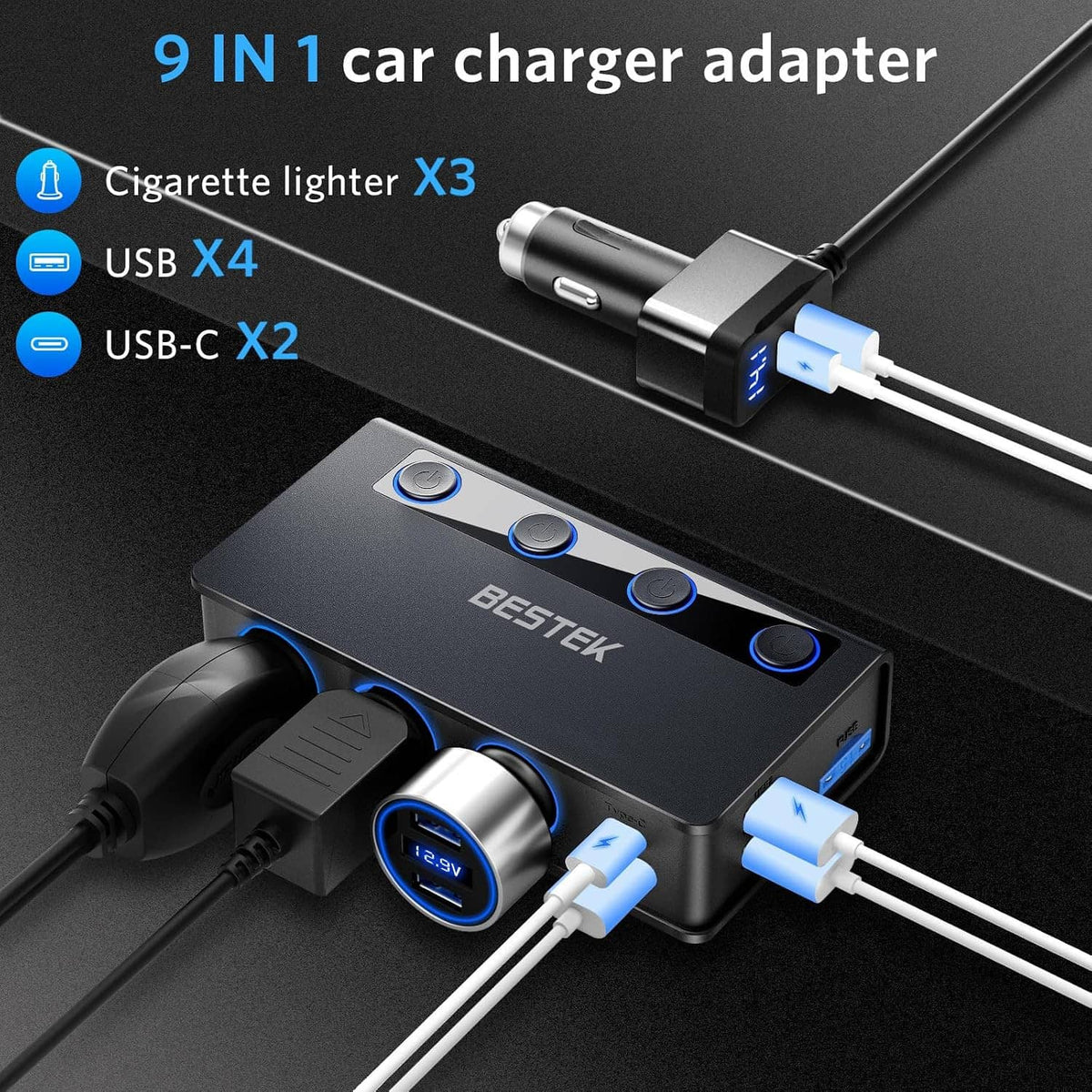 Compact 9-in-1 car charger adapter with USB-C and USB ports plus lighter socket