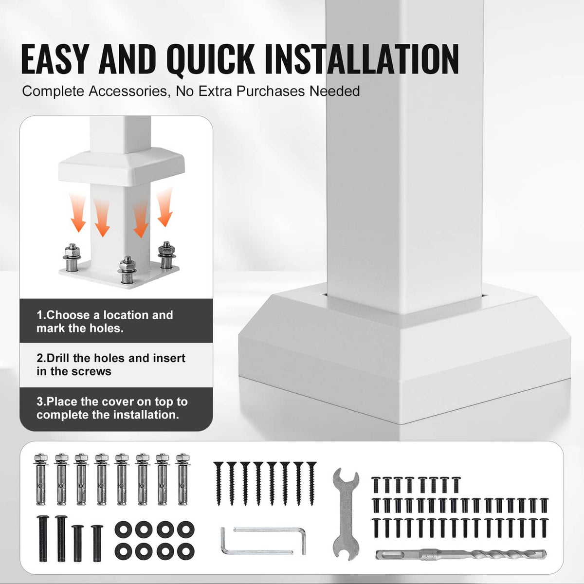 White stair railing base and included hardware for quick installation