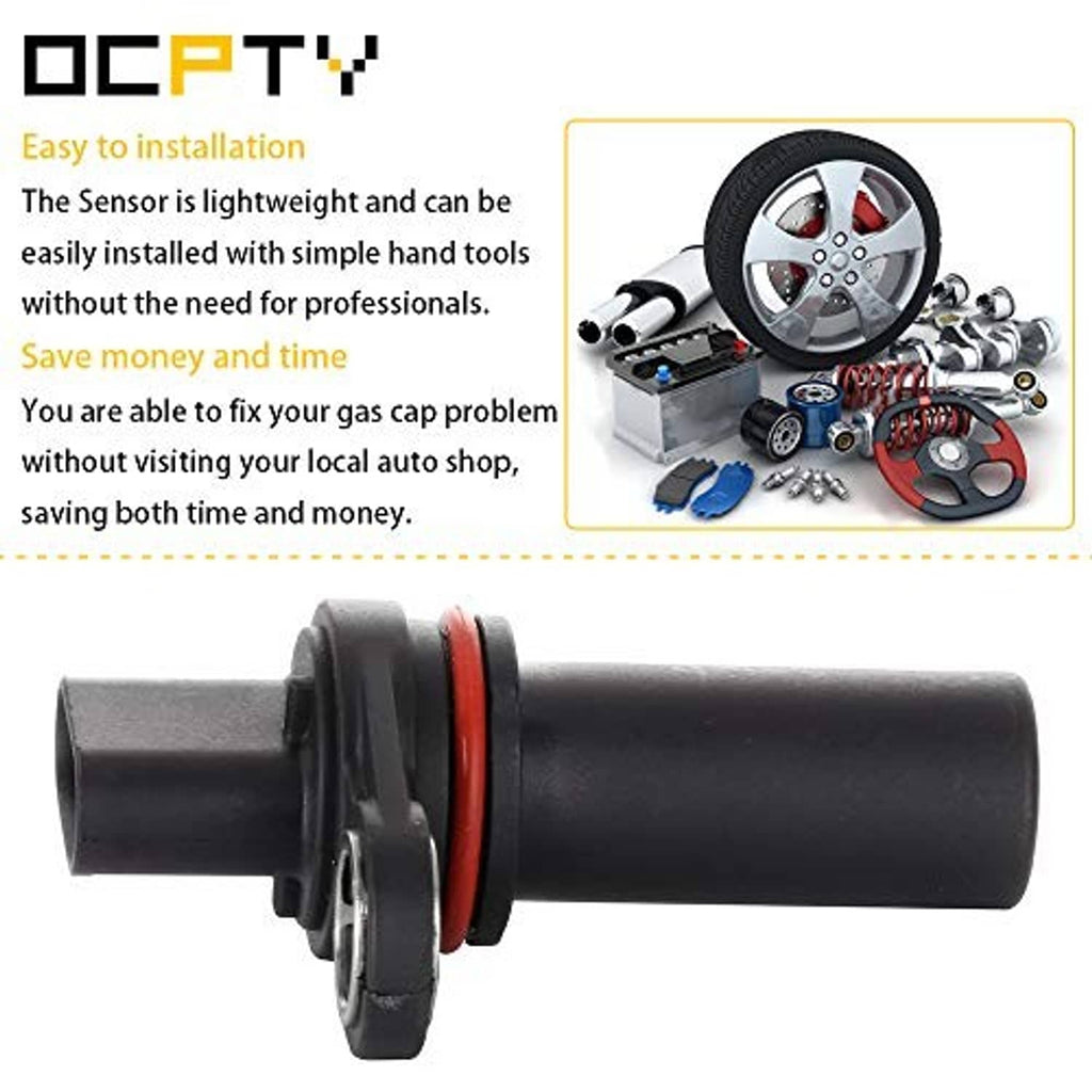 Crankshaft position sensor with black cylindrical housing and red seal, metal mounting loop