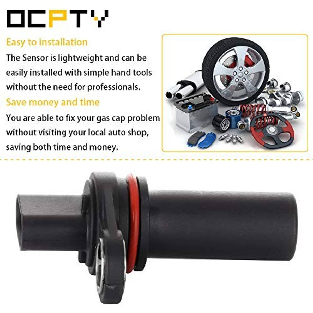 Crankshaft position sensor with black cylindrical housing and red seal, metal mounting loop