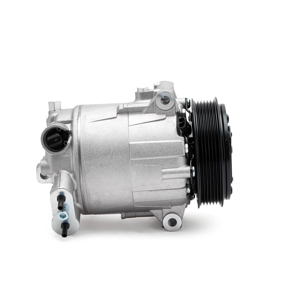 A/C compressor with clutch, silver cylinder housing and black pulley in side view