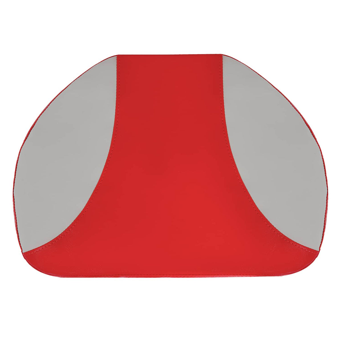 Red and gray seat cover with curved front panel and side wing sections