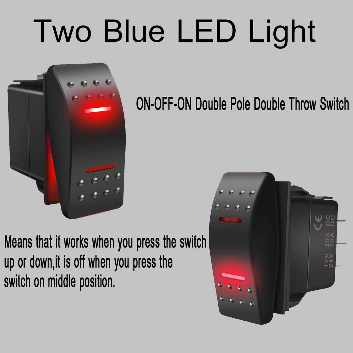 Rocker switch with red LED, on-off-on double pole design, black body