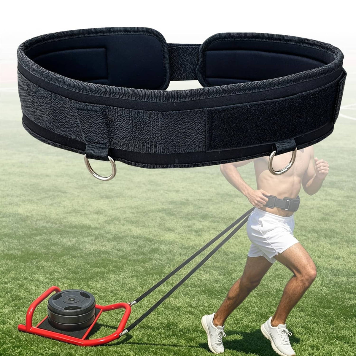 Black neoprene waist training belt with two D-rings and adjustable buckle strap