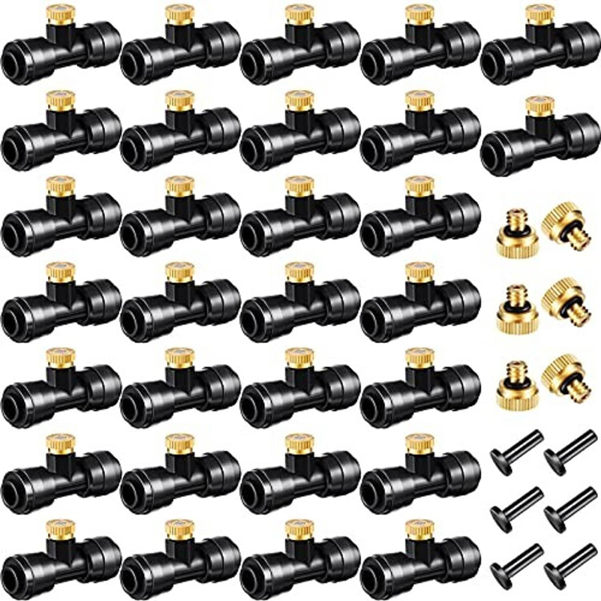 Misting nozzle kit: black misting tees with gold brass caps and connectors (assorted pack)