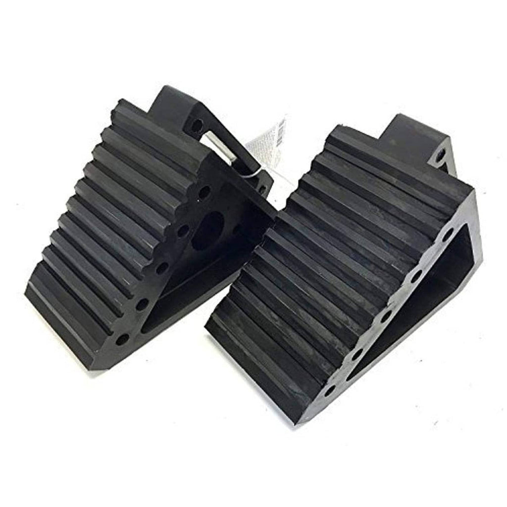 Pair of black solid rubber wheel chocks with ribbed tread and mounting holes