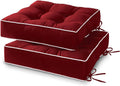 Tufted square outdoor chair cushion set of 2, deep red with white piping and ties