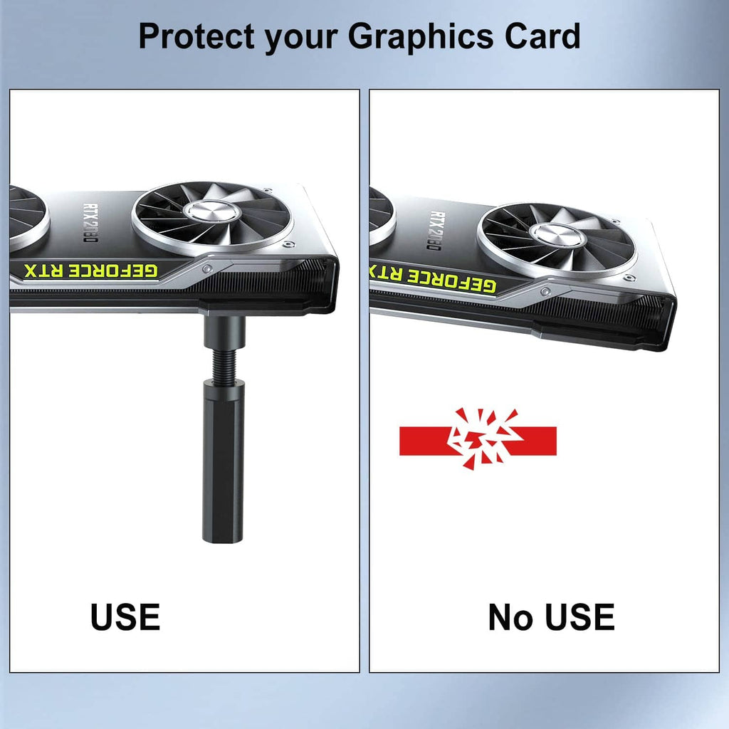 Black GPU sag support bracket mounted under a graphics card for added support