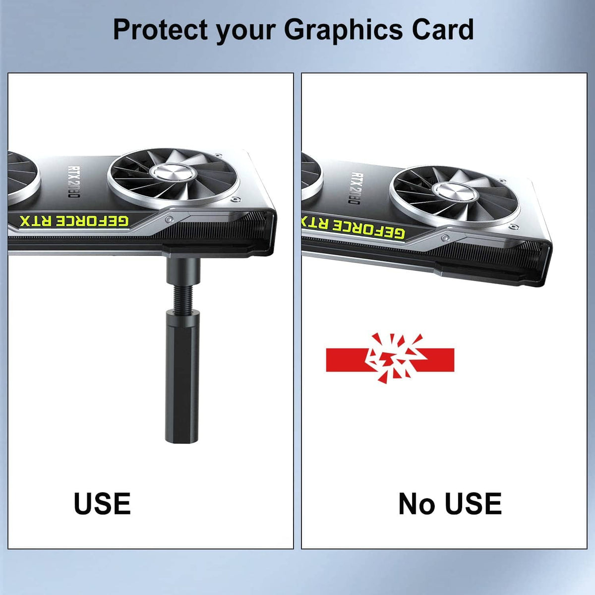 Black GPU sag support bracket mounted under a graphics card for added support