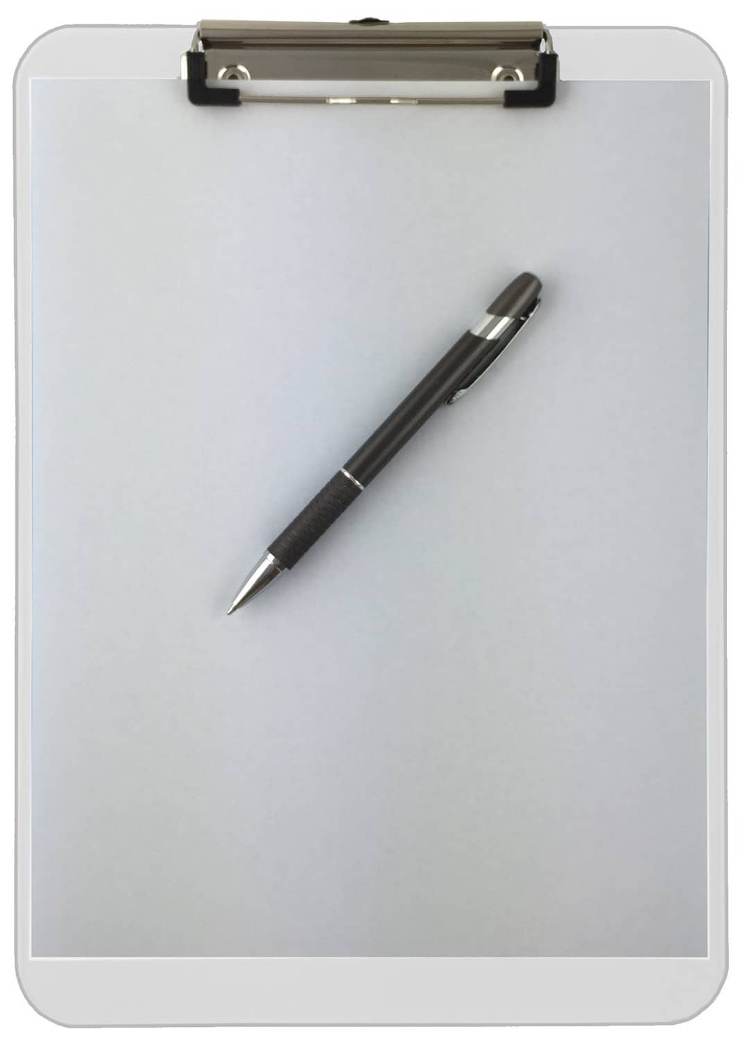 Clear letter-size clipboard with low-profile metal clip and included pen