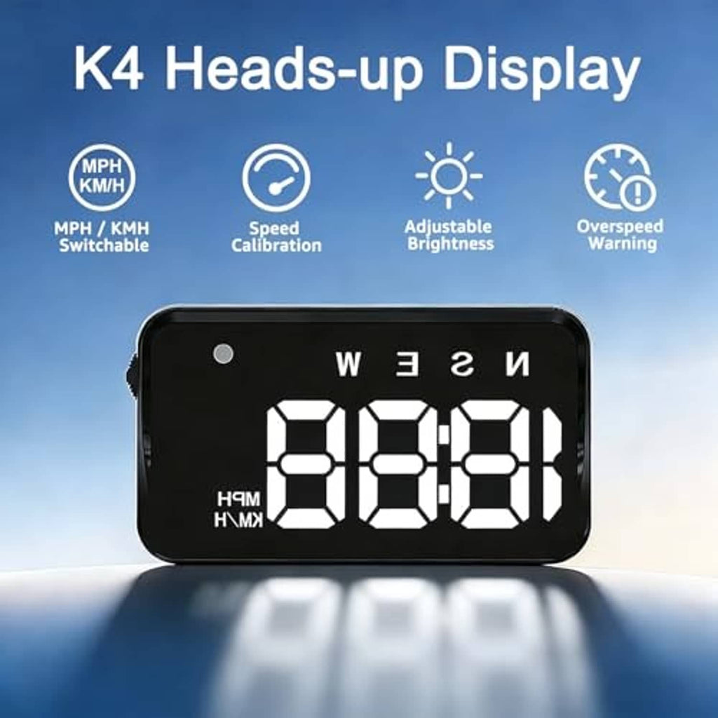 Black heads-up display screen with white digital speed readout and hood