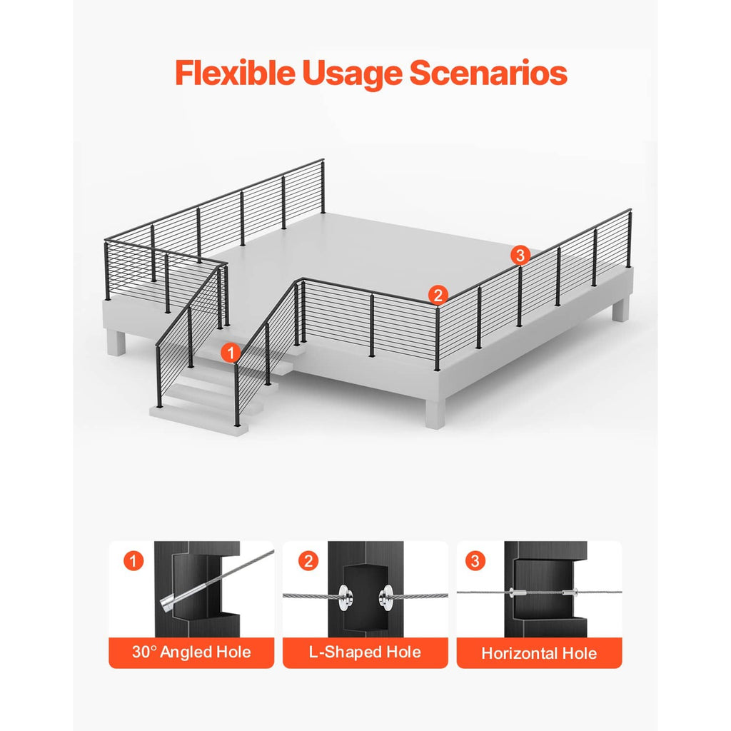 Cable railing posts kit shown in three installation layout scenarios