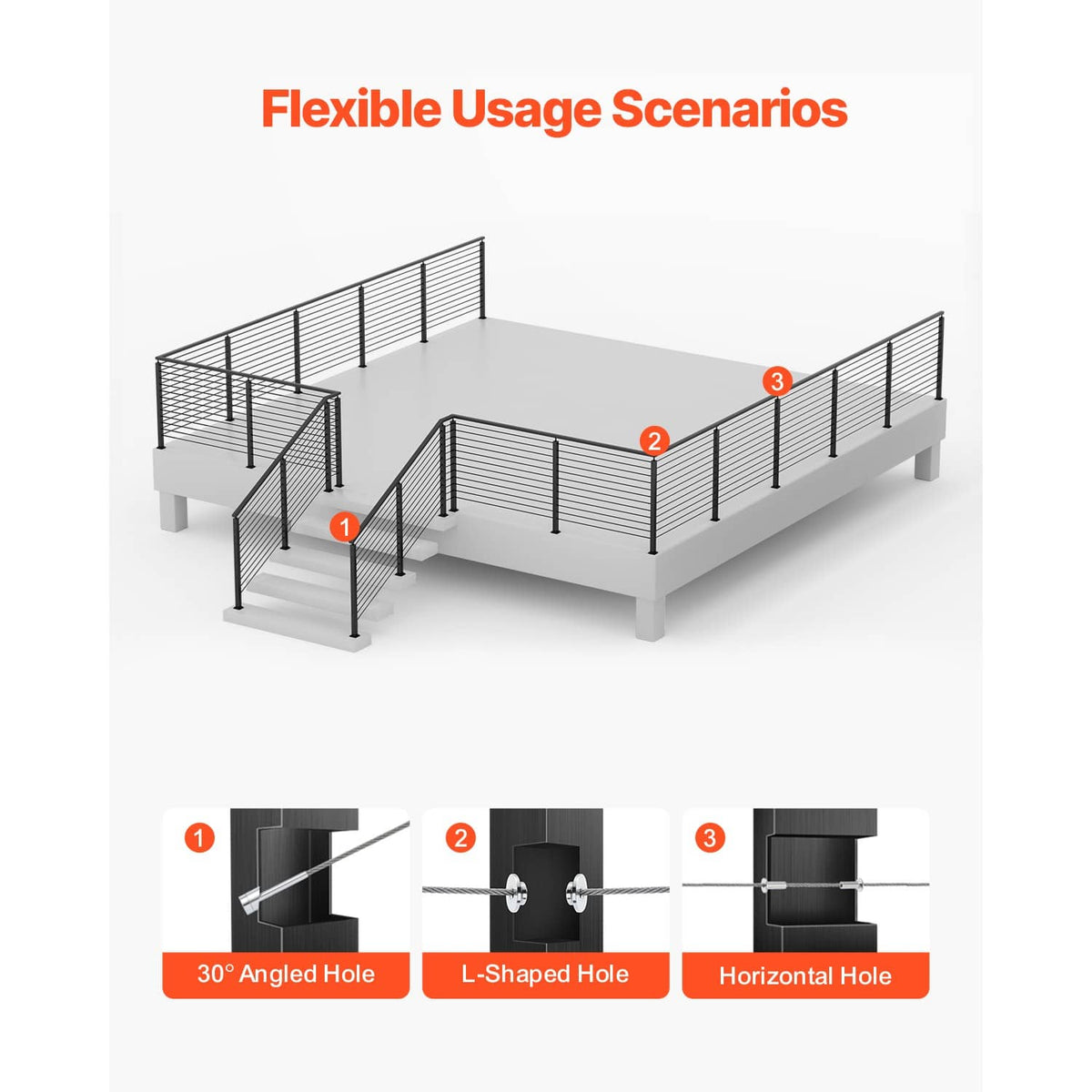 Cable railing posts kit shown in three installation layout scenarios