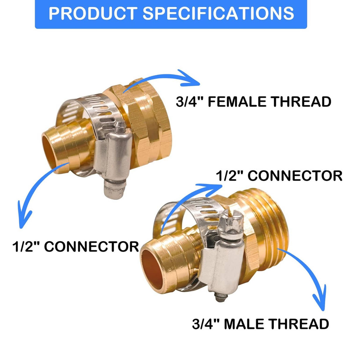 Gold 1/2-inch hose repair connector with metal clamp lever and hose ports, close-up