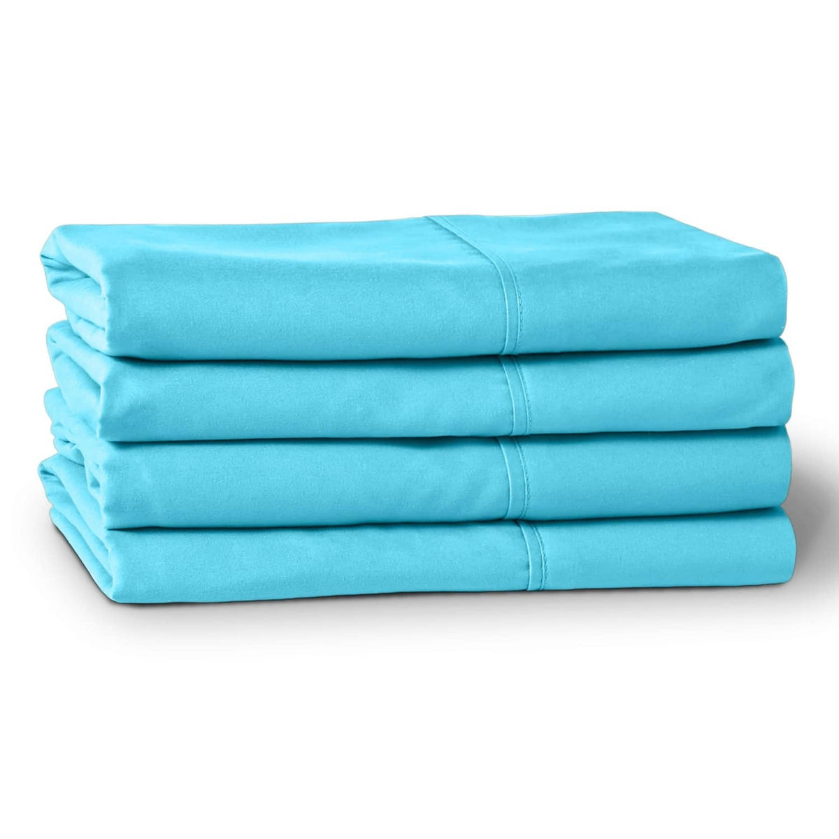 Folded turquoise king pillowcases stack with neat edges and seams