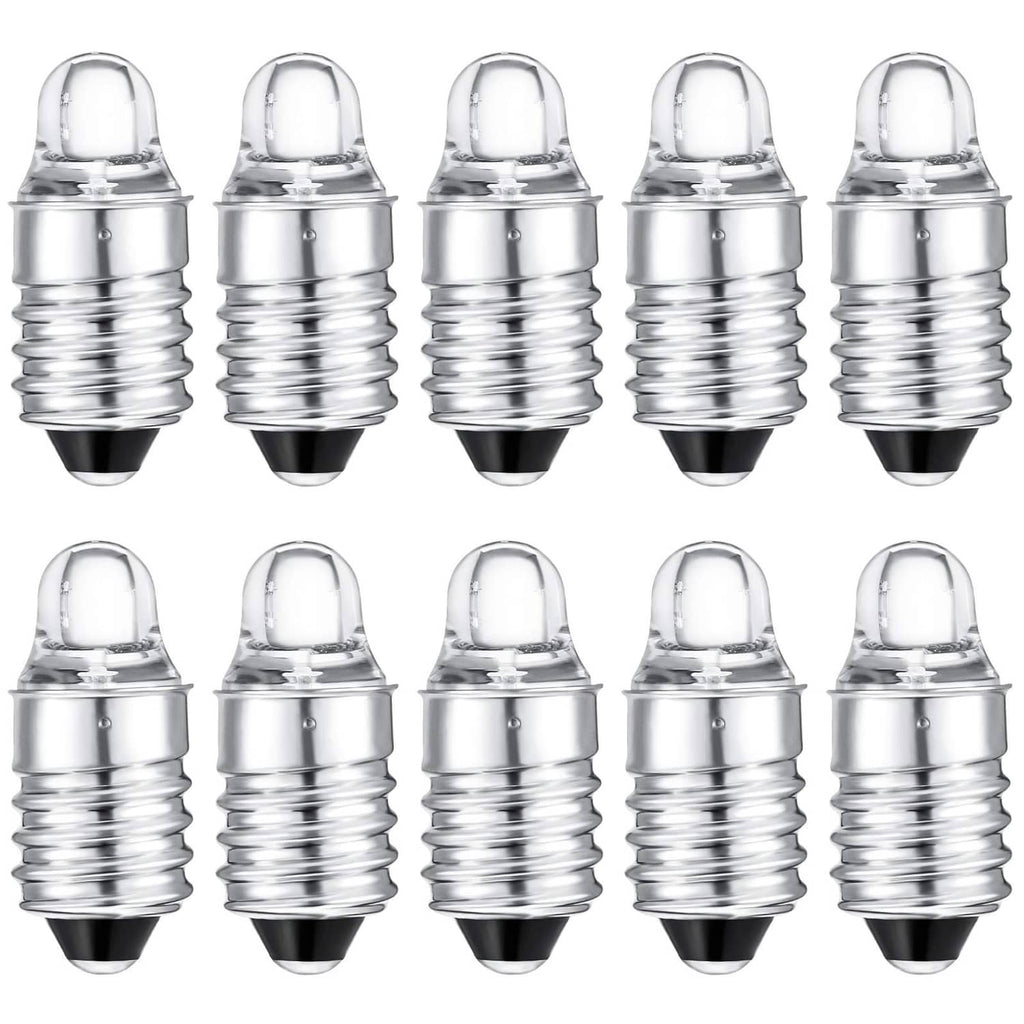 Set of 10 mini E10 LED flashlight bulbs with clear dome and silver screw bases
