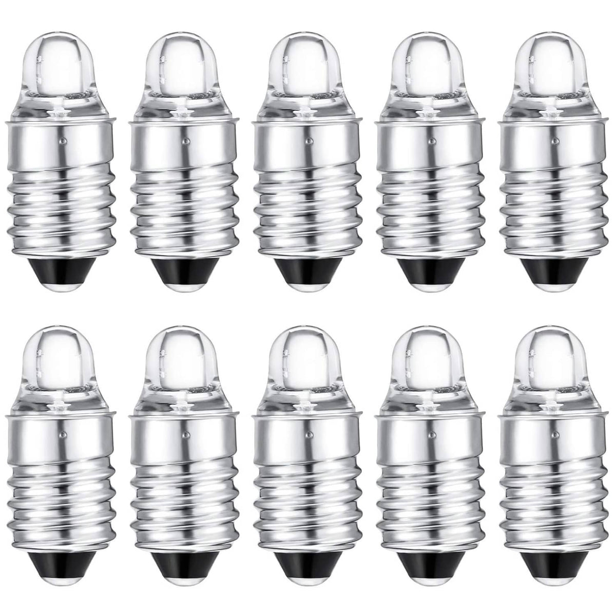 Set of 10 mini E10 LED flashlight bulbs with clear dome and silver screw bases