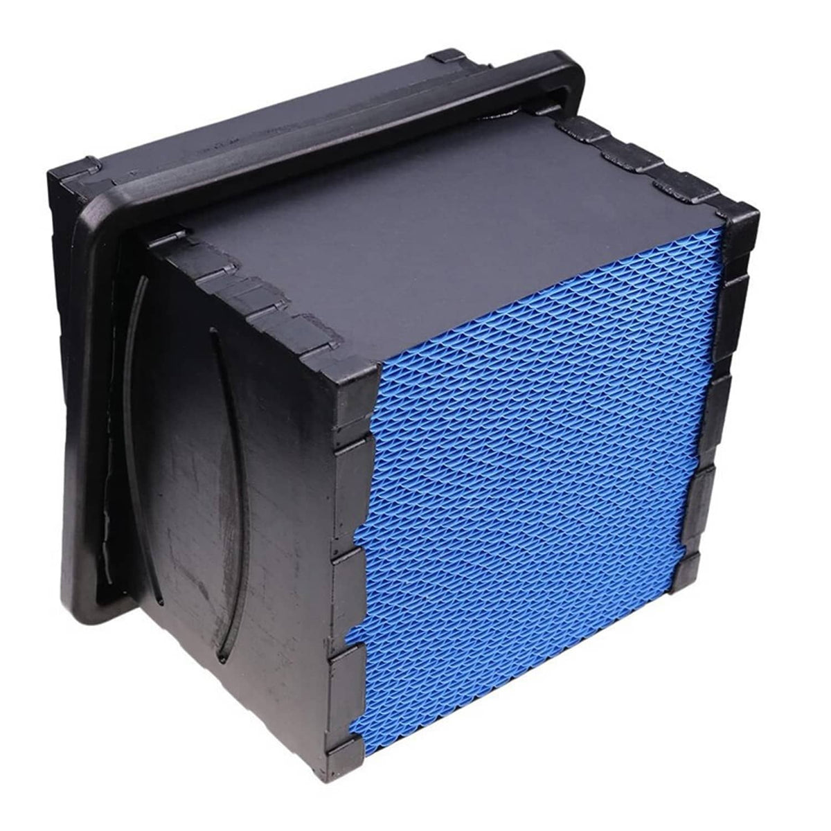Air filter side view with blue mesh panel on black housing