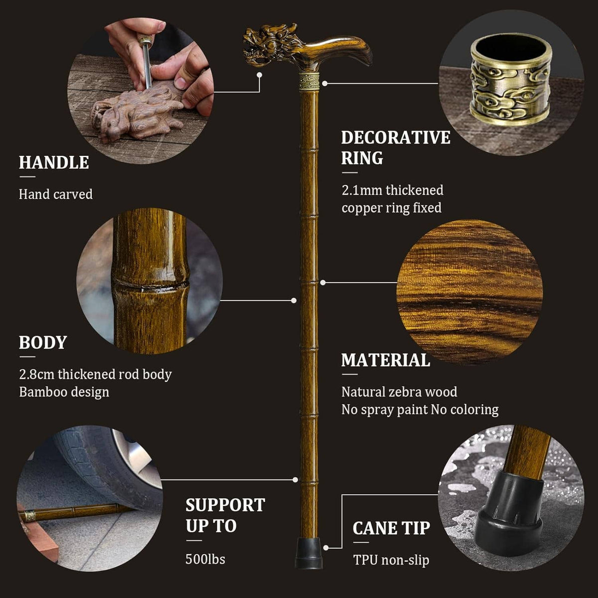 Wood walking cane showing carved handle, decorative ring, and non-slip cane tip