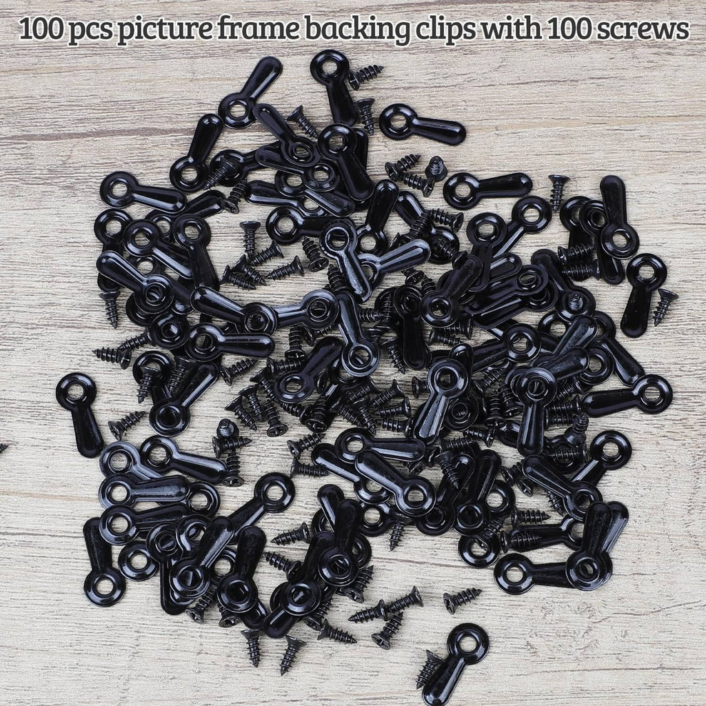 Bulk pile of black picture frame turn button fasteners with screws, 100 pcs