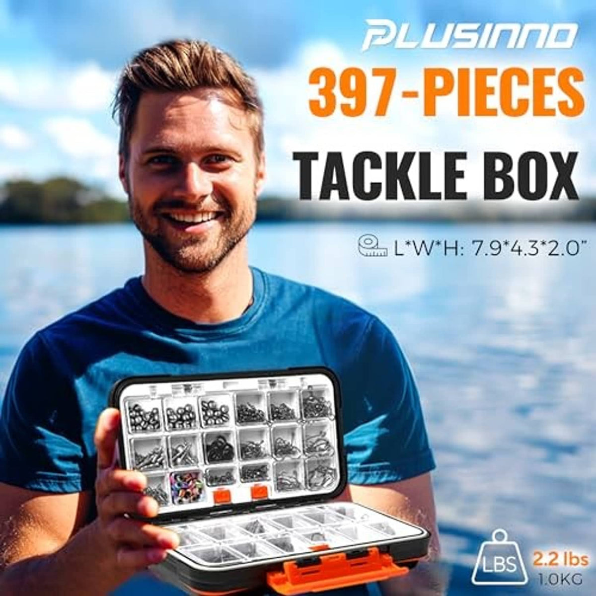 Orange-and-black 397-piece fishing tackle box with clear divided compartments