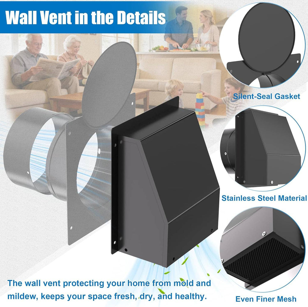 Hooded wall vent with fine mesh screen, seal gasket, and durable stainless housing