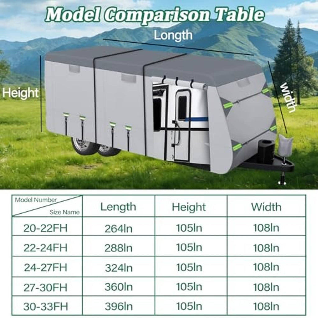 Gray RV cover shown with side tension panels and reinforced corner interior