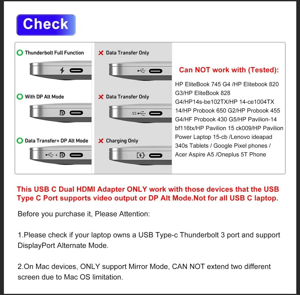 Compatibility chart for USB-C dual HDMI adapter, indicating tested and supported modes