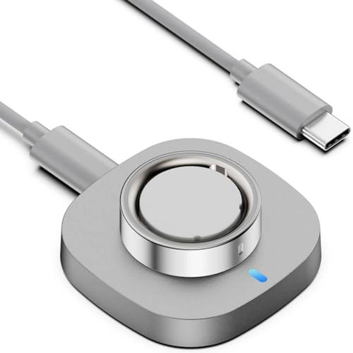 Grey charging dock with centered metal contact ring and USB-C cable ends