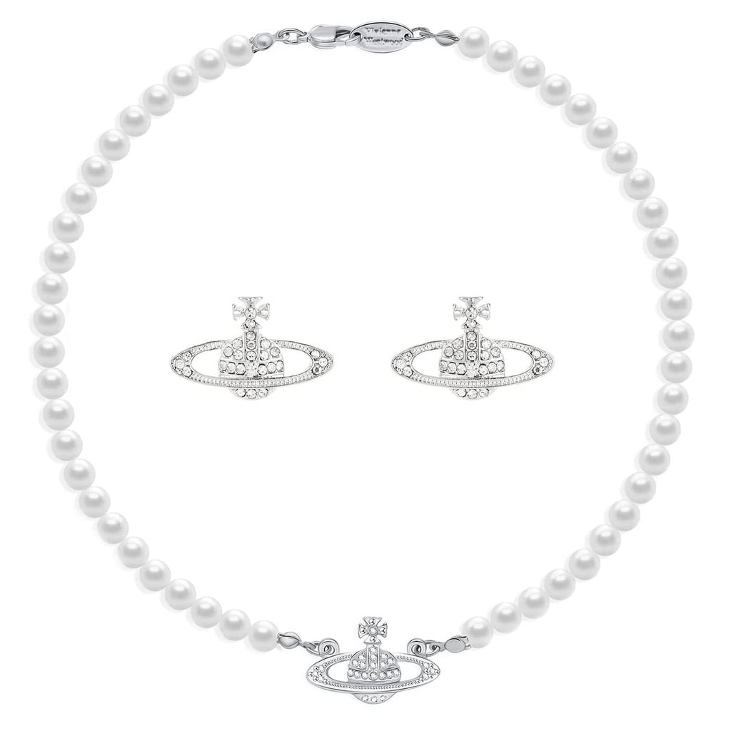 White pearl choker necklace with silver Saturn pendant and two stud earrings