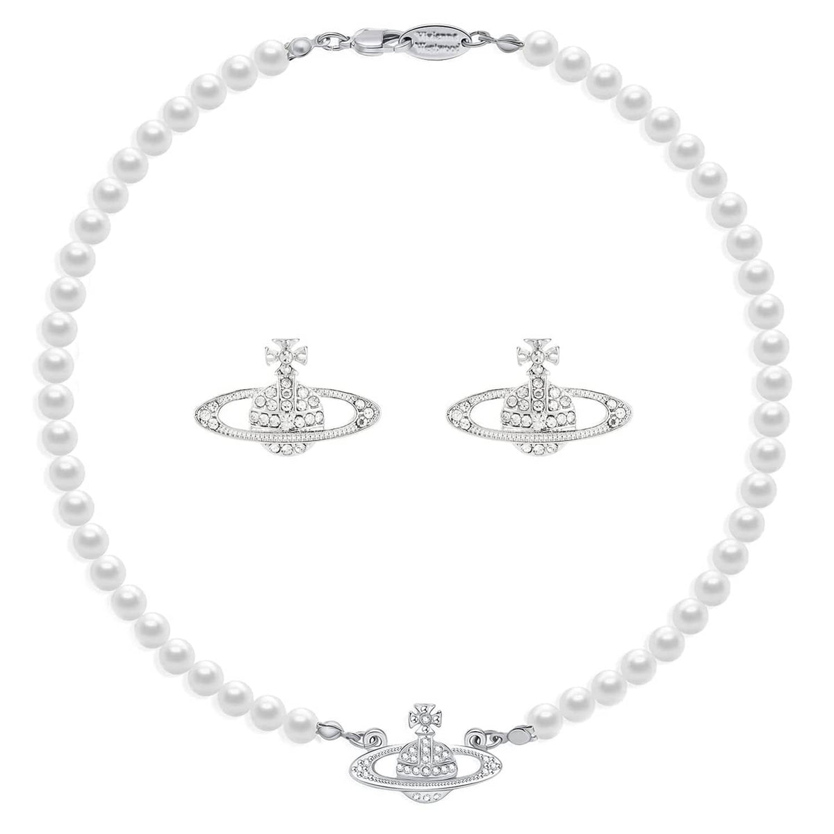 White pearl choker necklace with silver Saturn pendant and two stud earrings