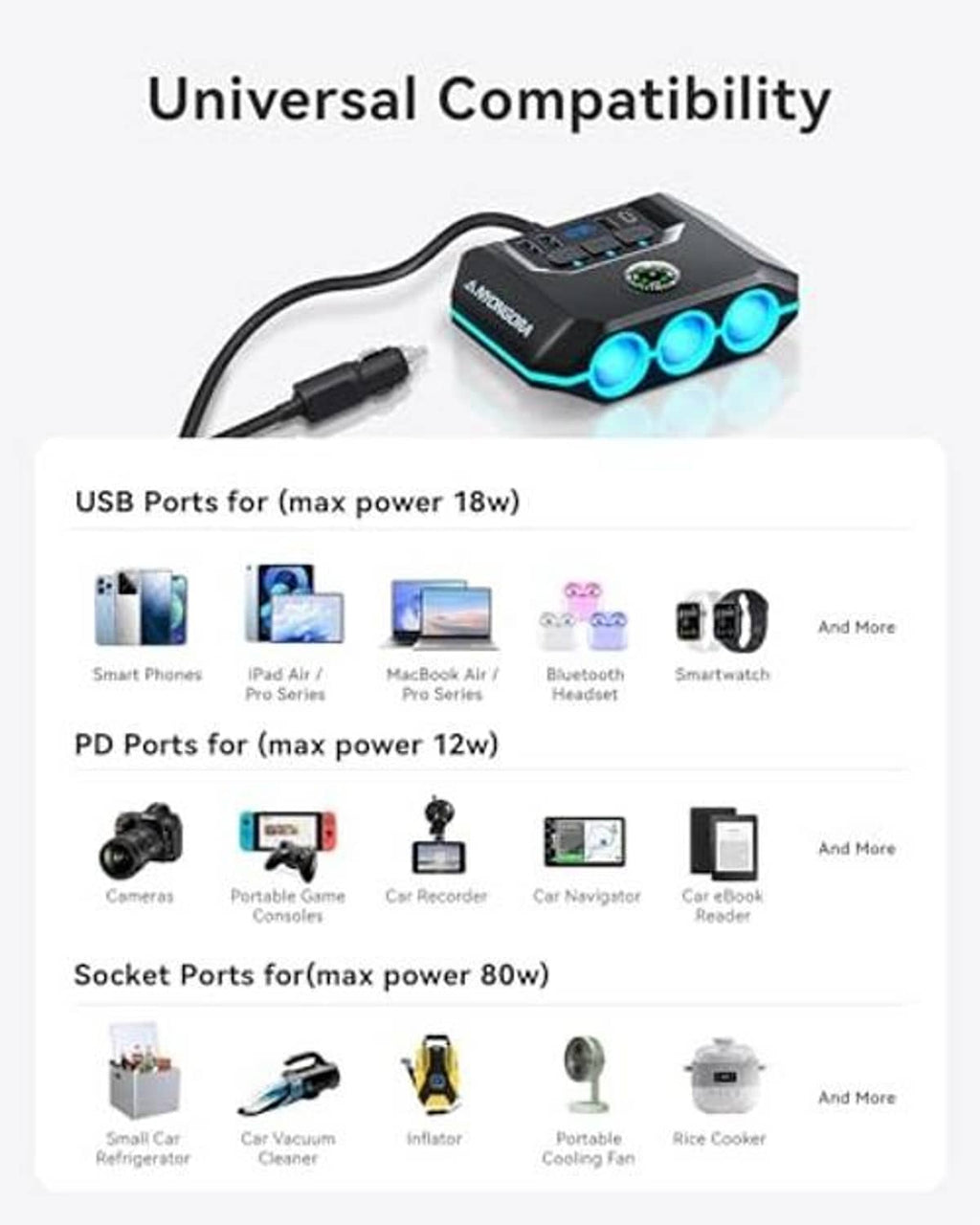 Car power splitter top view with multiple ports, blue sockets, and power-control dial