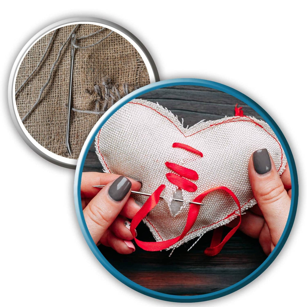 Hands pulling red thread through woven fabric with long sewing needles