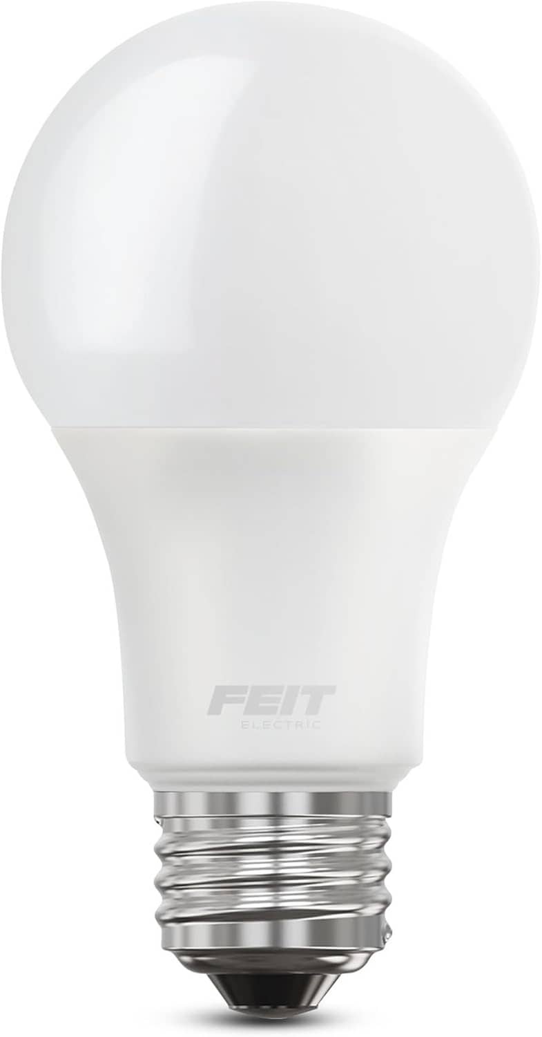A19 LED light bulb close-up with frosted white glass and E26 medium screw base.