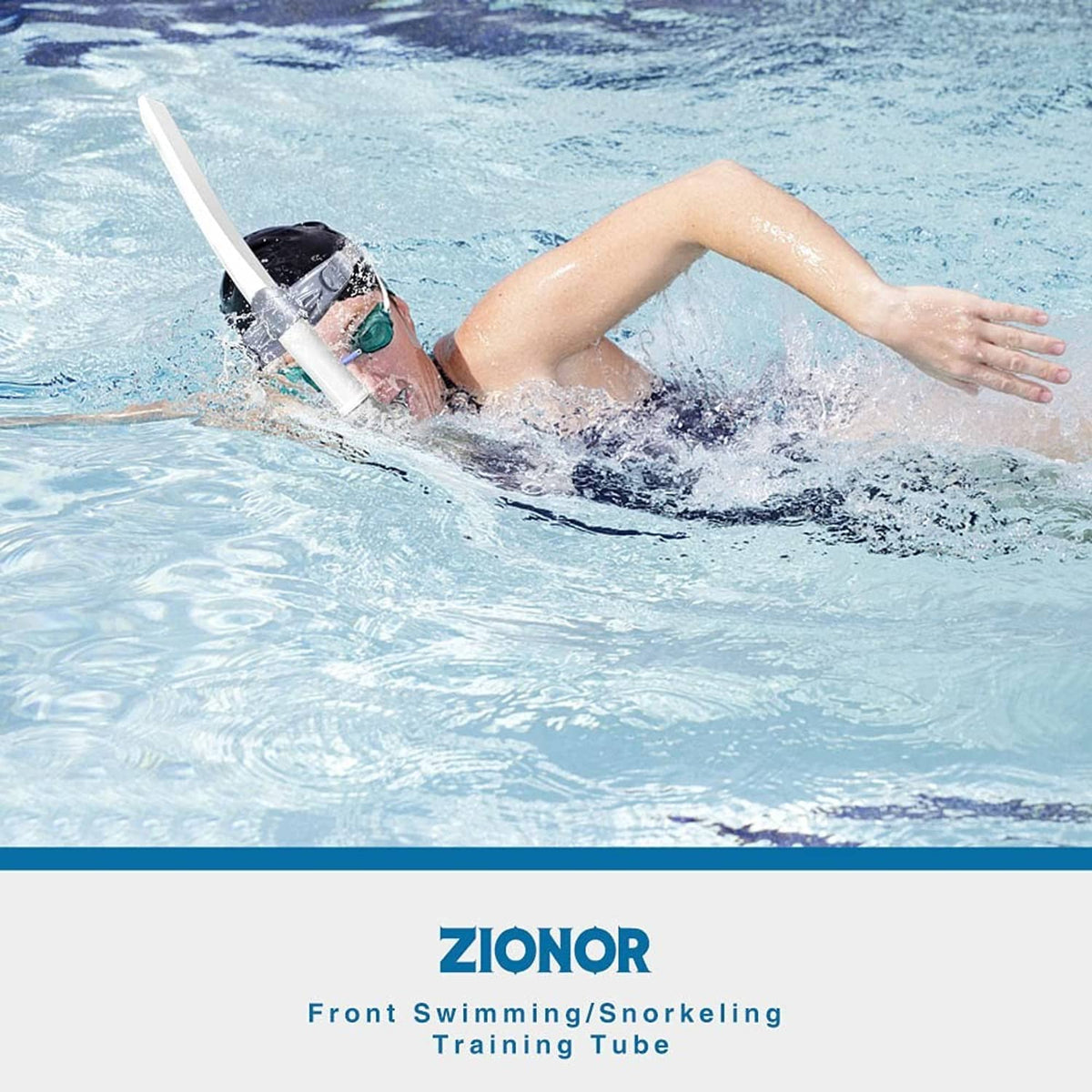 Adult swimming with a white front-mount snorkel training tube in pool water