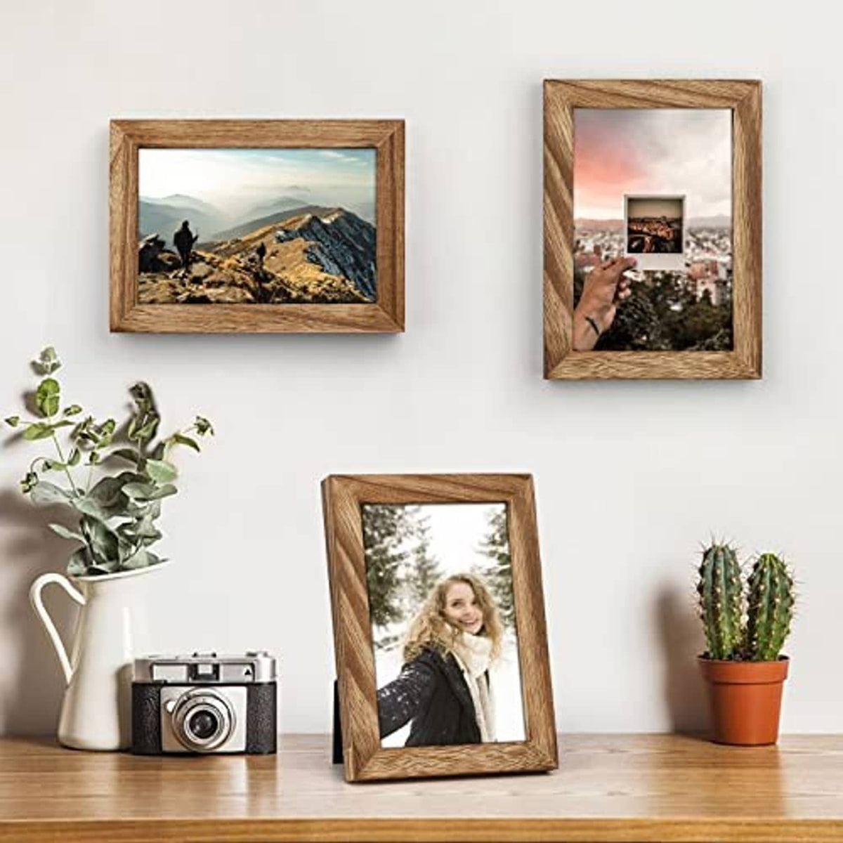 4x6 picture frame with carbonized brown wood border, shown on table and wall
