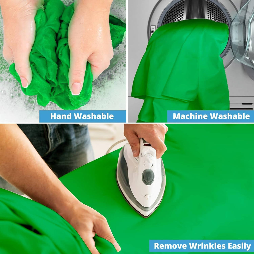 Green screen backdrop material being hand-washed, showing water and foam