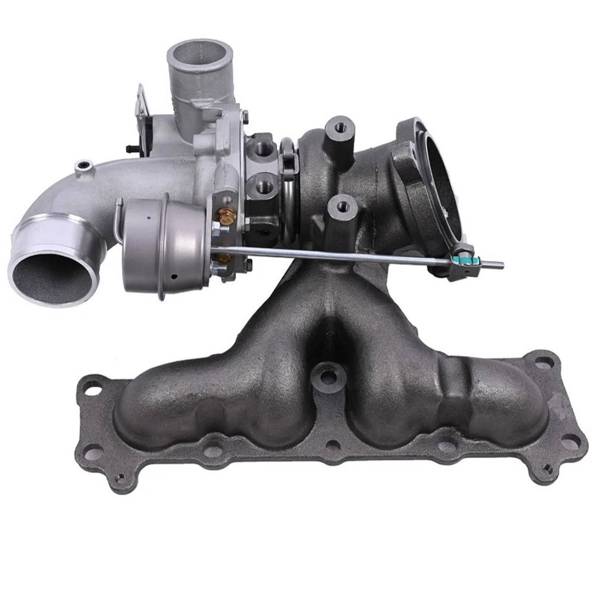 Turbocharger assembly with cast manifold, turbo core housing, and metal pipes