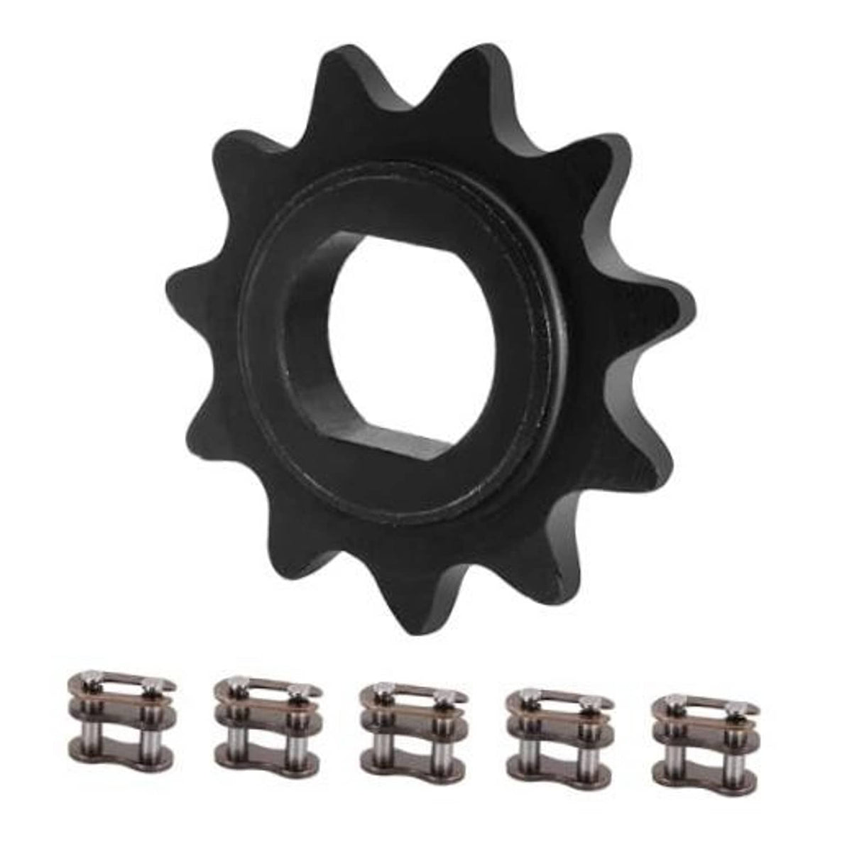 Black motor sprocket gear with 11T teeth, center mounting hole, chain drive ring