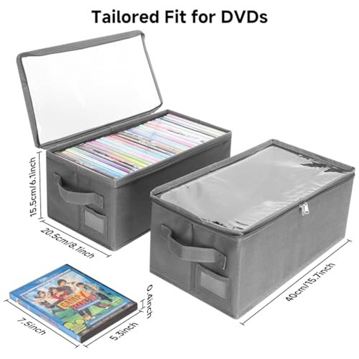 Two gray fabric DVD storage boxes with clear PVC lids and front latch handles