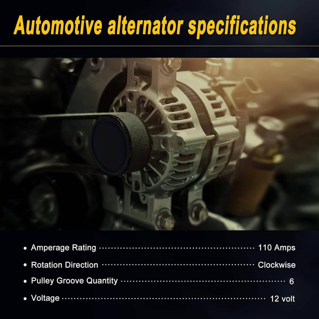 Automotive alternator installed in engine bay, visible pulley and housing