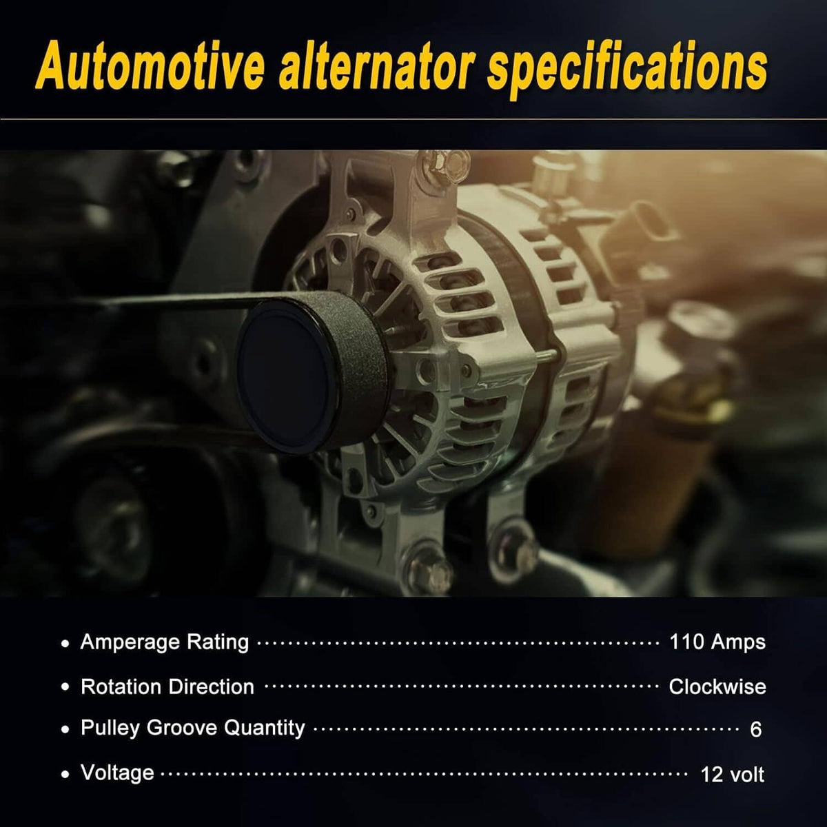 Automotive alternator installed in engine bay, visible pulley and housing