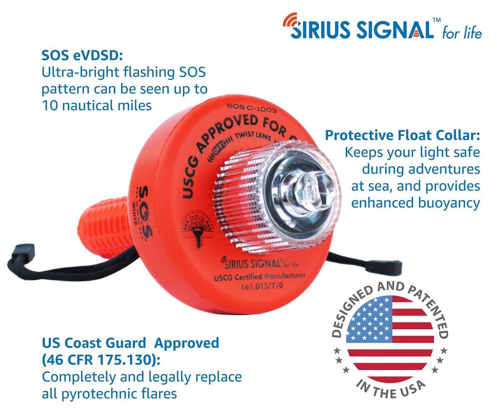 Red SOS LED distress flare head with mounting collar and black lanyard
