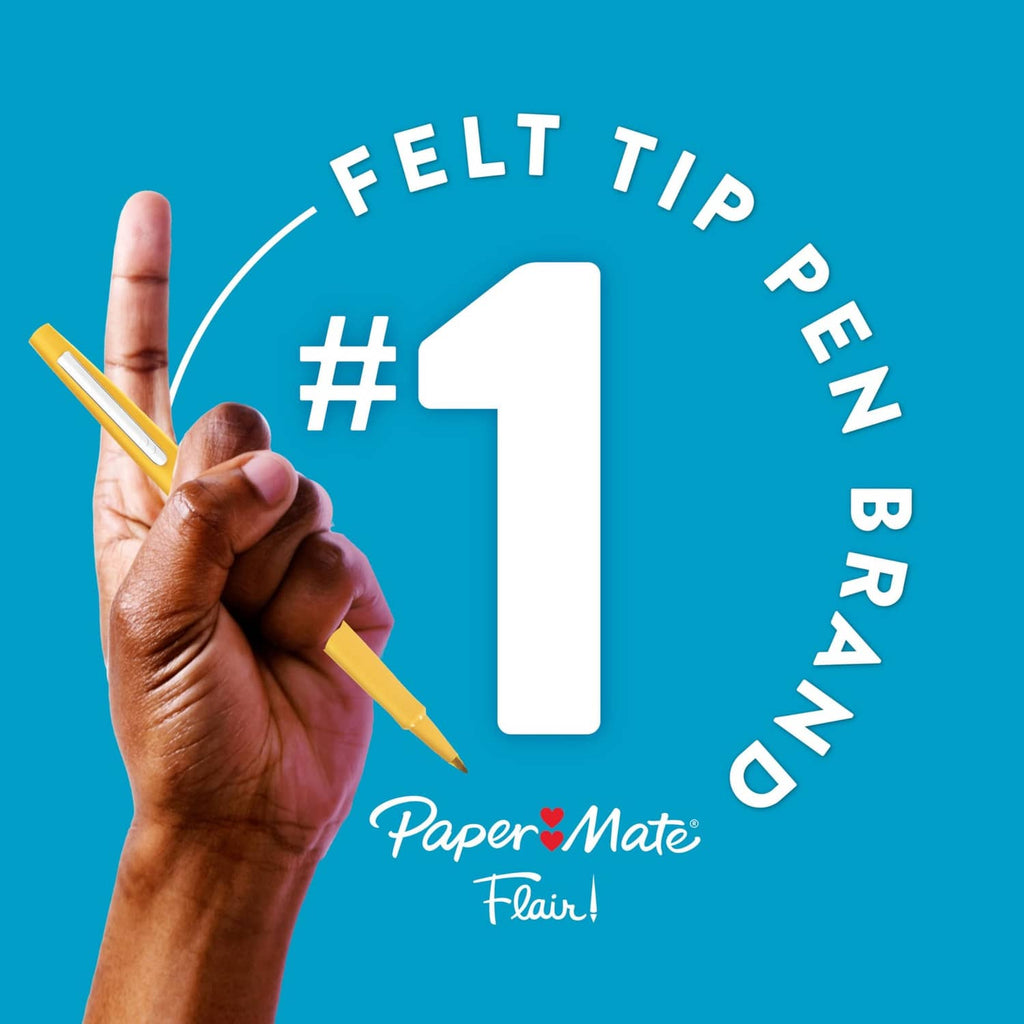 Hand holding a yellow felt tip pen showing Paper Mate Flair branding