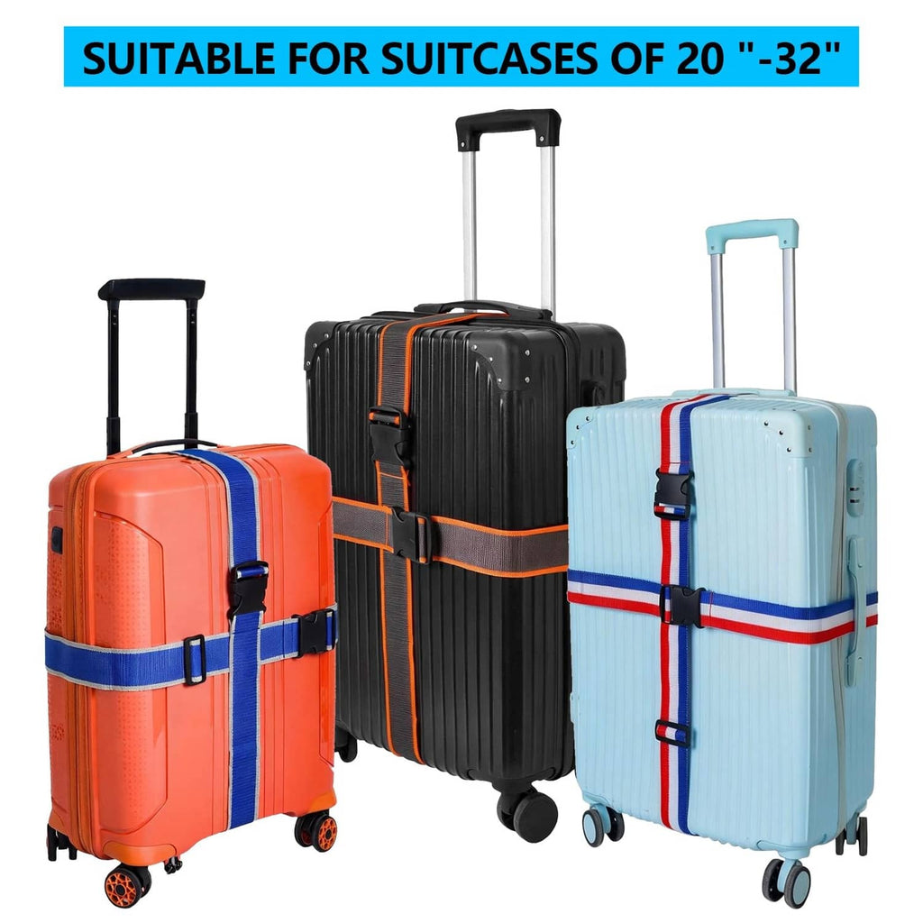 Blue luggage strap set with red and white stripe bands on four suitcases