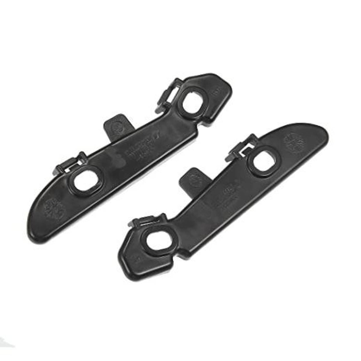 Pair of black front bumper mounting support brackets with circular mounting holes