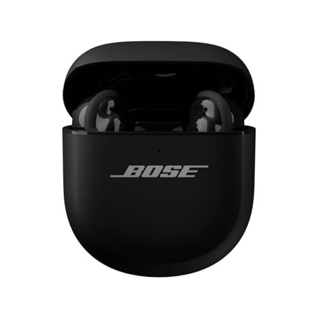 Black charging case with earbuds resting inside, sleek compact design