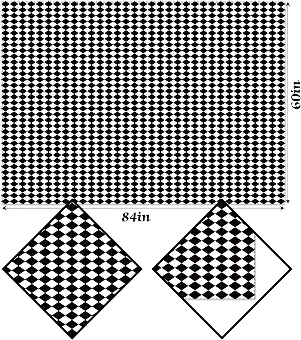 Black and white diamond check tablecloth with 84in size marking and napkins