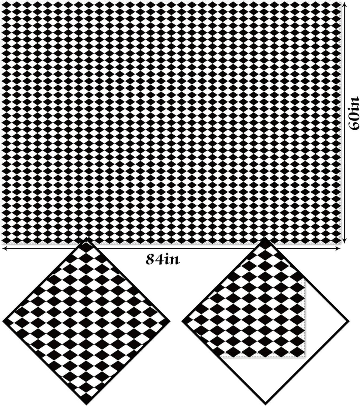 Black and white diamond check tablecloth with 84in size marking and napkins